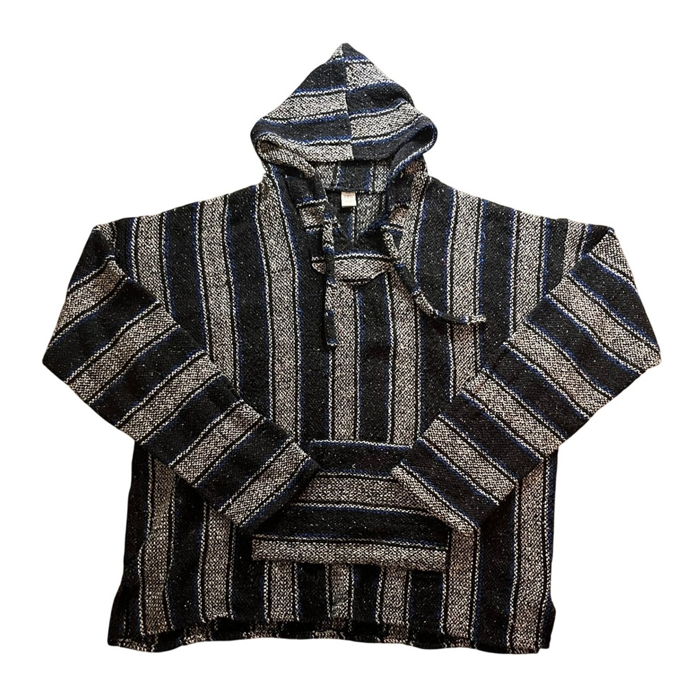 Vintage Mexican Baja Hoodie Jerga Pullover Black Blue Striped XXL Made in Mexico